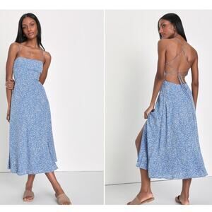 Lulu's Blue Floral Midi Dress with Lace-Up Back